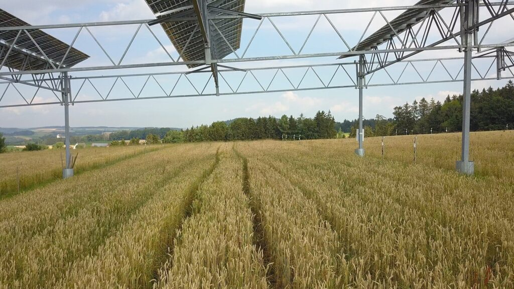 Aerial shot of the agrivoltaics pilot plant by Fraunhofer Institute for Solar Energy Systems (ISE) located at Heggelbach